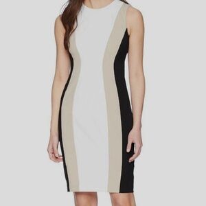 Calvin Klein Colorblock Side Panel Sheath Dress - White/Tan/Black Size 4
